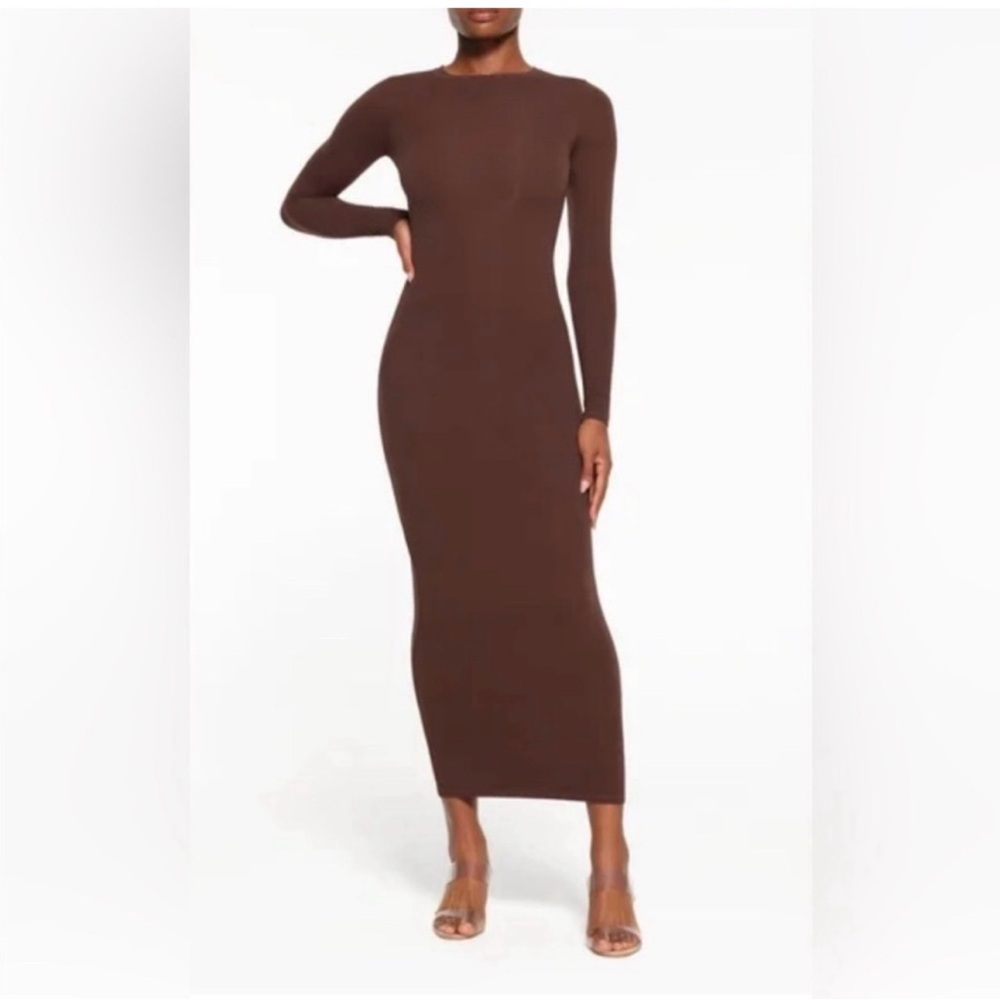 NWOT SKIMS Long Sleeve Brown Ribbed Maxi Dress